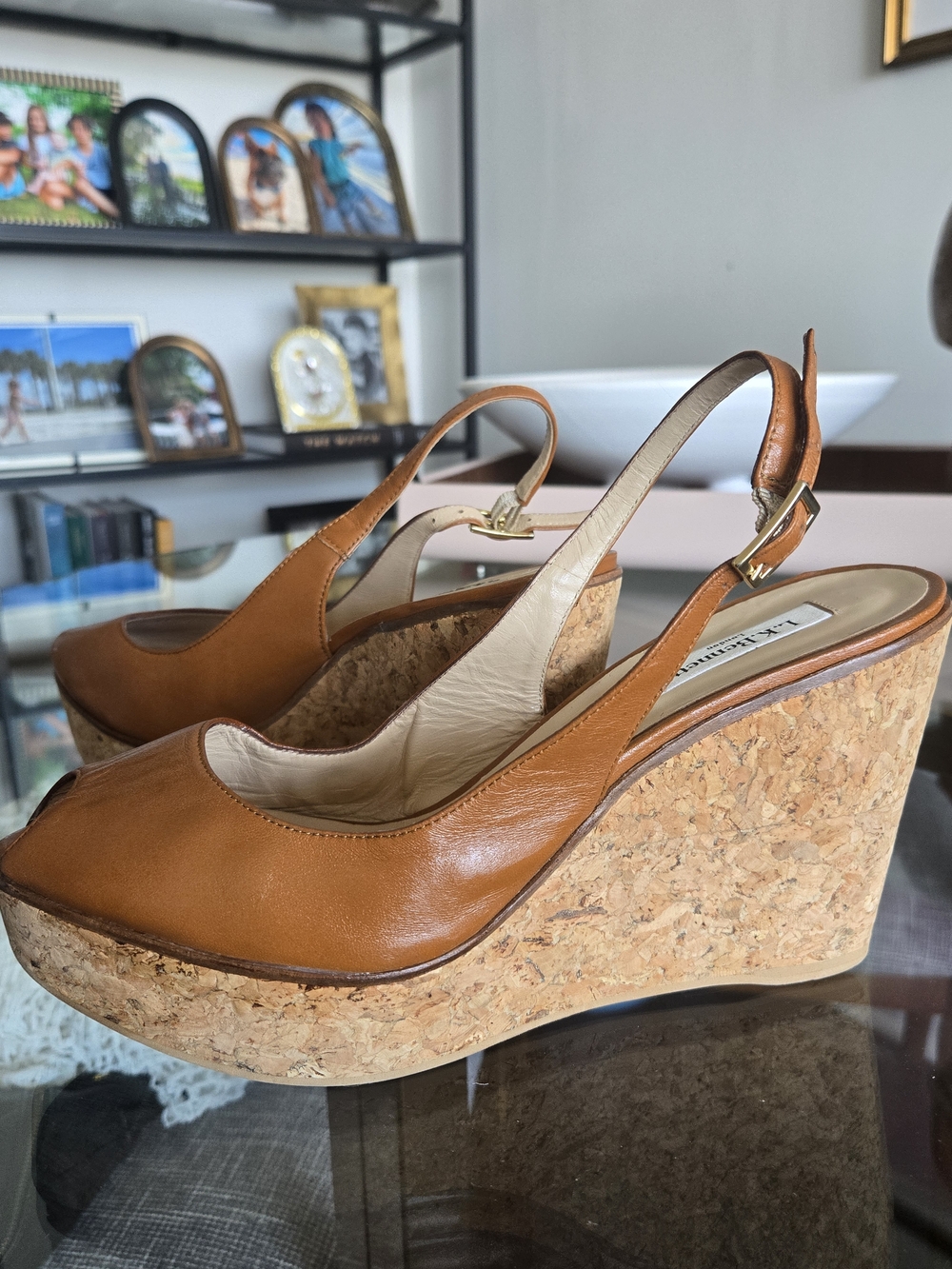 LK Bennett Tan Leather Cork Slingback Wedge Heels